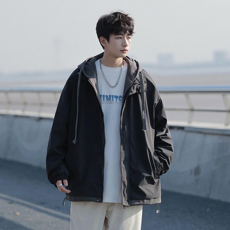 Men's Faux Two-Piece Hooded Windbreaker Jacket