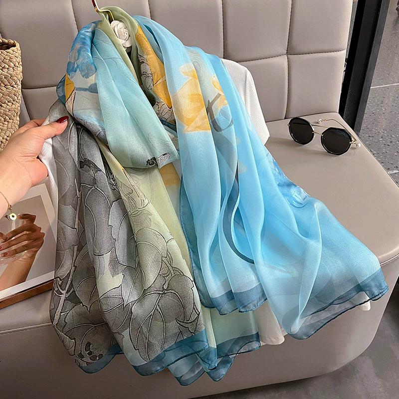 Silk Scarf Folral Women Summer Hijab Luxury Print Sunscreen Shawl Wraps Bandana Ladies Head Scarves Large Foulard Echarpe