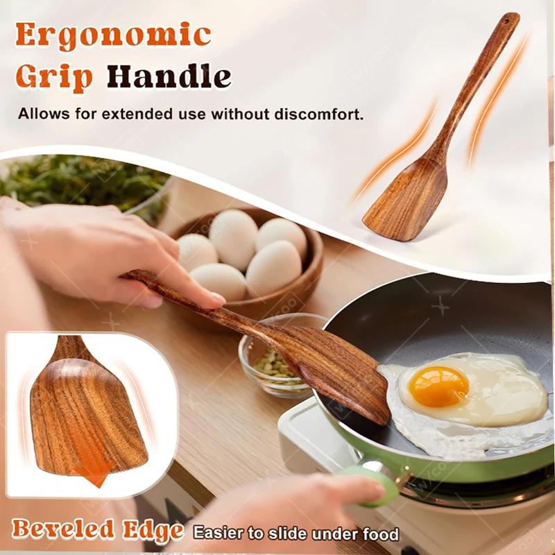 2pcs Wooden Spatulas Nonstick Cookware Long Handle Flat Frying Spatulas Flipper for Pancake Fish Egg Ideal for Kitchen Cooking