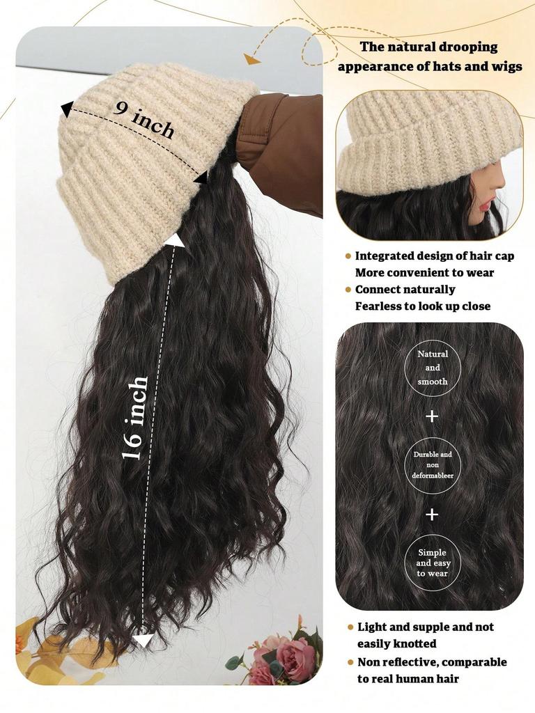 Synthetic Knitted Hat Wig For Women Long Wavy 16inch Black-brown Hair Warm Soft Knitted Autumn Winter Cap Heat Resistant Wig
