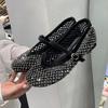 Fashion Luxury Crystal Rhinestone Fishnet Ballet Flats Woman Brand Design Rivet Studs Mesh Mary Jane Shoes Ladies Summer Hollow Loafers