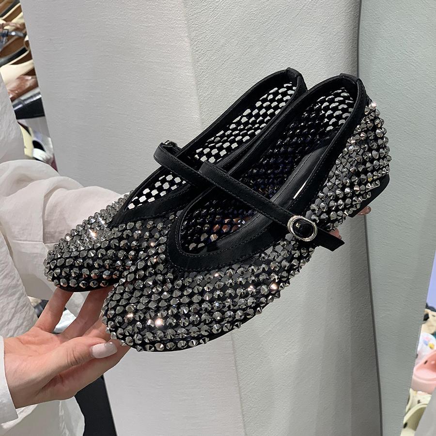 Fashion Luxury Crystal Rhinestone Fishnet Ballet Flats Woman Brand Design Rivet Studs Mesh Mary Jane Shoes Ladies Summer Hollow Loafers