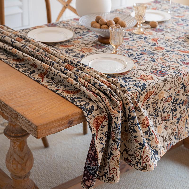 American Vintage Flower Bird Tablecloth Jacquard Rectangular Dining Tablecloth Living Room Bedroom Decor Desktop Decoration