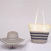 Woven Sun Hat And Large Capacity Straw Tote With Striped Pattern For Travel And Casual Wear