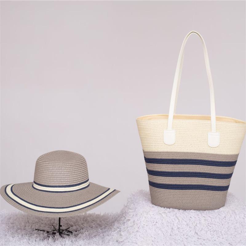 Woven Sun Hat And Large Capacity Straw Tote With Striped Pattern For Travel And Casual Wear