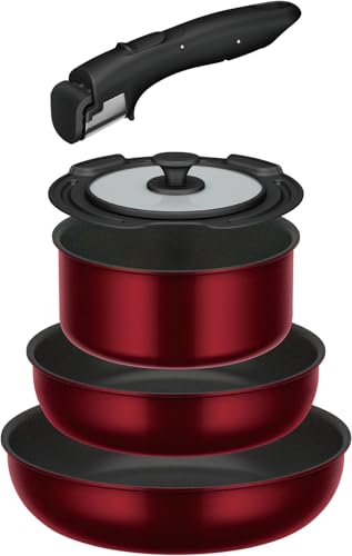 

Thermos Durable Series 5-Piece Detachable Handle Frying Pan Set (DA), Induction and Gas Compatible, Deep Red, Frying Pan and Pot are Dishwasher Safe (