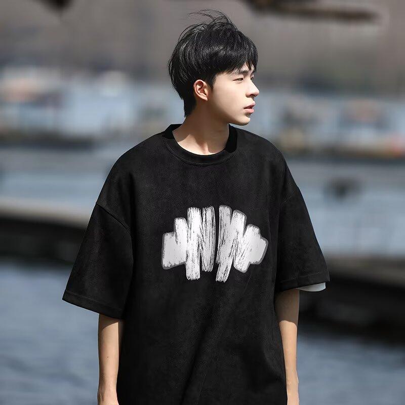 Men s Navy Blue Suede Texture Wave Print Oversized Short Sleeve T-Shirt M чёрный