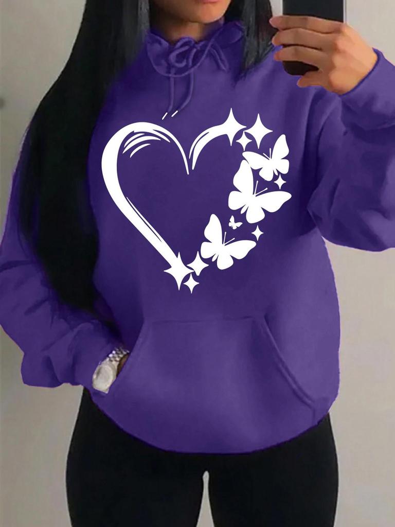 European & American Style Love Heart Butterfly Print Women's Hooded Sweatshirt - Trendy Street Style Pullover