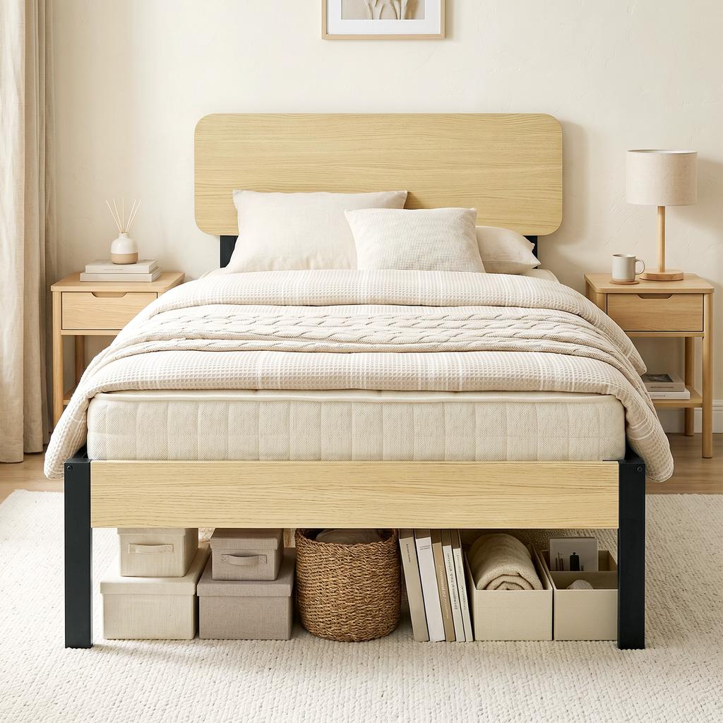 Bed Frame 90 X 200 Cm with Headboard, Platform Bed, Single Bed with Under-Bed Storage
