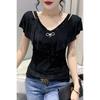New Summer Sequin V-neck Short-sleeved Thin Slim Mesh Trolley-cut Hollow Off-shoulder T-shirt