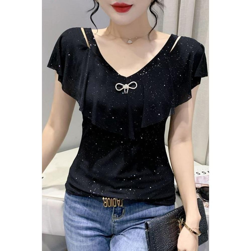 

Новая летняя футболка с пайетками, V-образным вырезом, короткими рукавами, тонкая, прилегающая, из сетки, с вырезом-тележкой, ажурная, с открытыми плечами XXXL чёрный