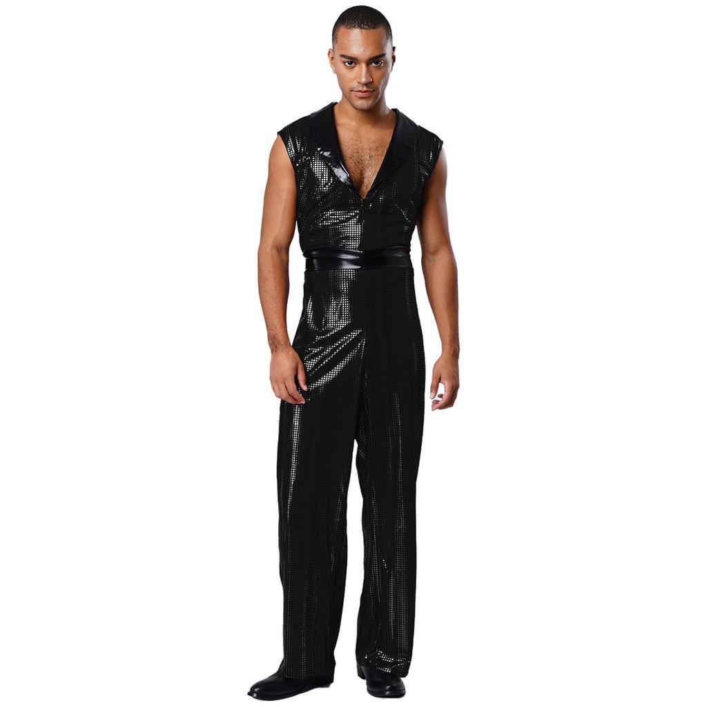 Retro 1920s Disco Outfit for Men M-3XL Metallic Shiny Plaid V Neck Lapel Sleeveless Wide Leg Jumpsuit for Club Rave Stage