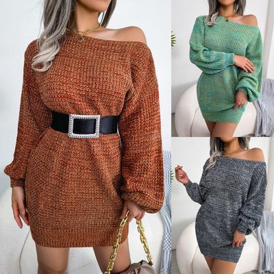 Women Knitted Sweater Dress Off Shoulder Lantern Sleeve Pullover Jumper Longline Sweatshirts Winter Warm Knitwear Tops