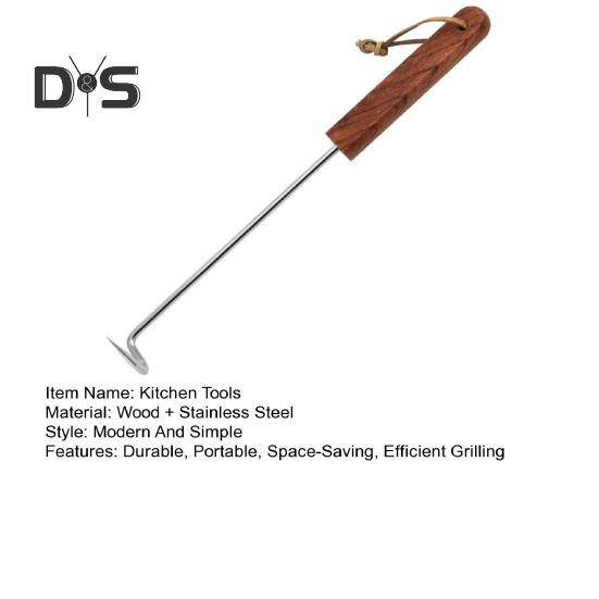 BBQ Steak Grill Hook Meat Turner Wooden Handle Stainless Steel Food Flipper for Grilling Vegetables Portable Kitchen Tool