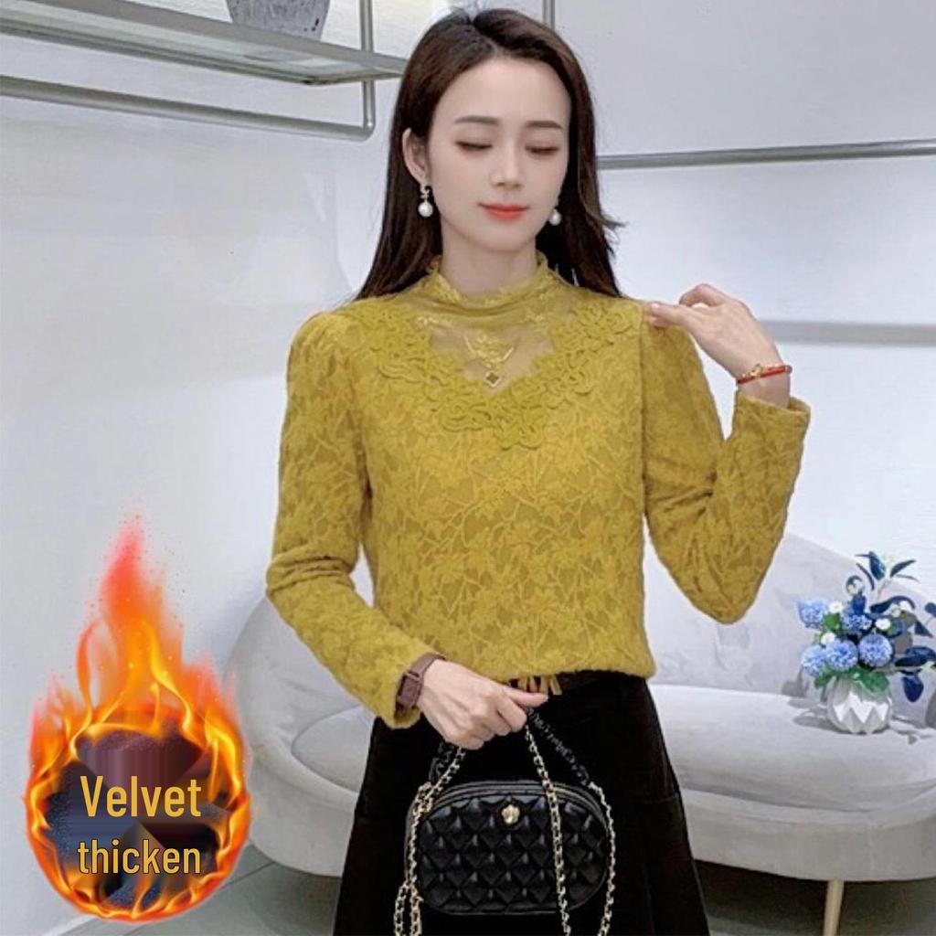 Elegant French-Style Velvet Lace Base Layer: Women's Winter Slimming Warm Top