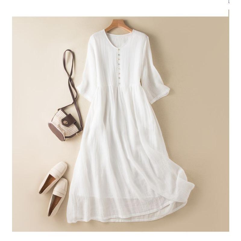 Japanese Style Summer Linen Dress Women Pure Color Slim Loose Long Dress Cotton Flowy Casual