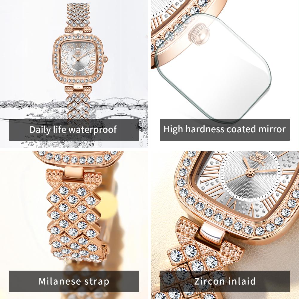 OPK 6048 Full Diamond Quartz Watches for Women Elegant Fashion Rose Gold Steel Strap Waterproof Luxury Ladies Dress Wristwatches