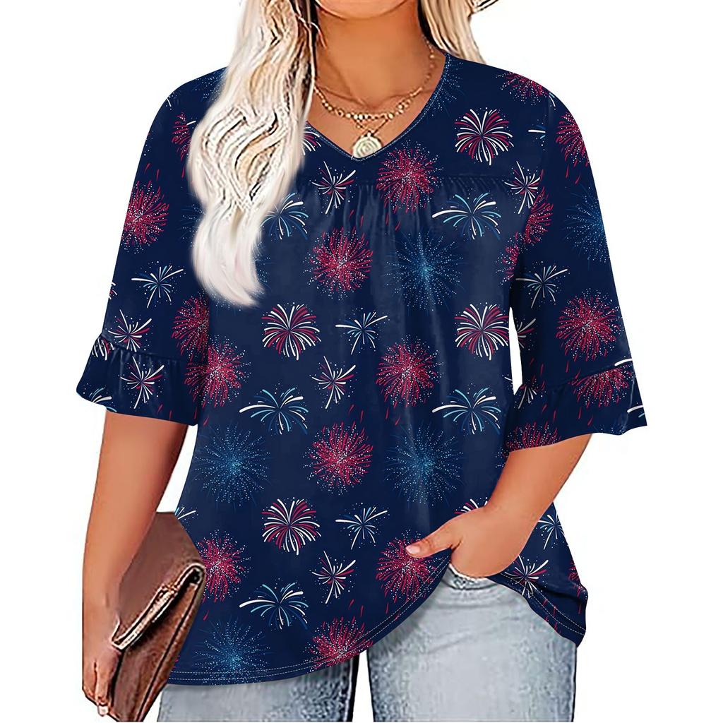 Women's Fashion Casual Independence Day Printed V-Neck Seven Sleeve Ruffle Sleeve T-Shirt Top