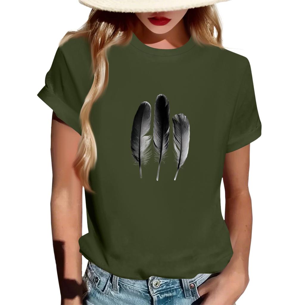 Women's Fashionable Round Neck Casual Retro Print Short Sleeved T-shirt Top