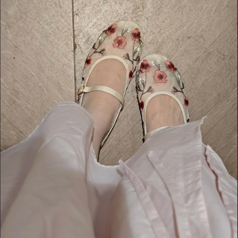Mode Elegante Blumen Bestickt Marken Ballerinas Damen Atmungsaktives Mesh-Design Mary Jane Schuhe Leichte Bequeme Flache Sandalen