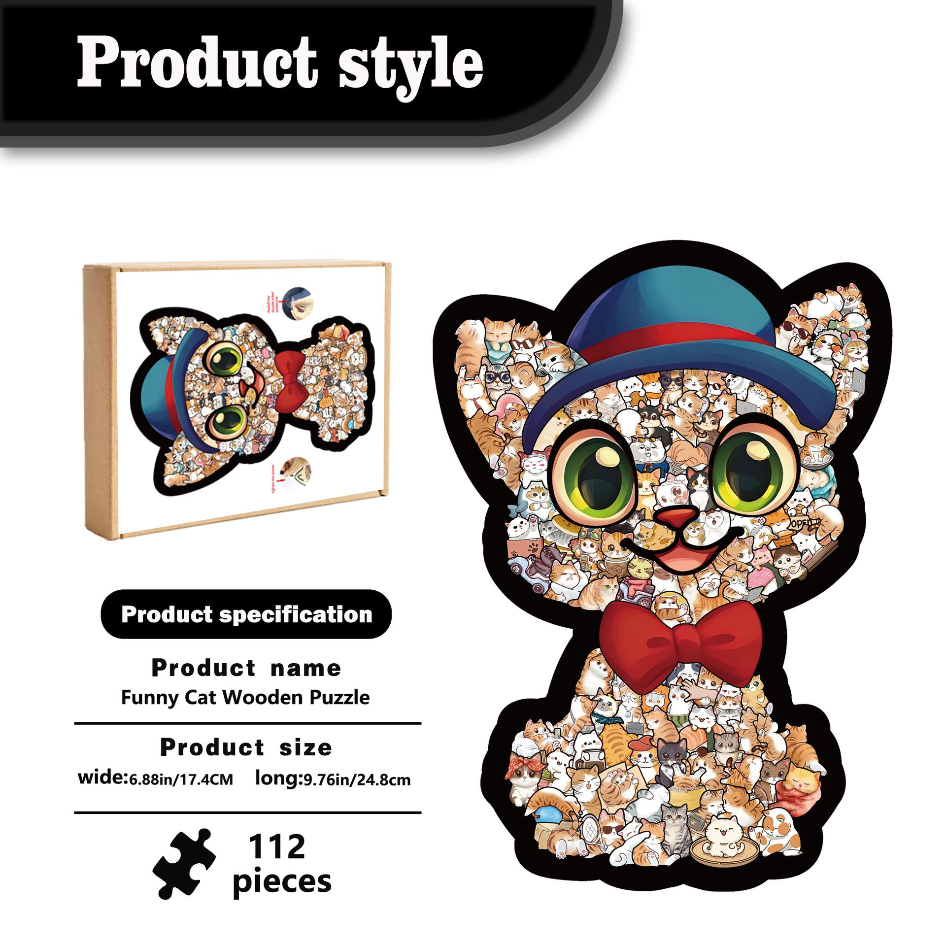 Fun Cat Collection Blue Hat Kitten Puzzle Stacked Wooden Special-Shaped Splicing Toy Framed Puzzle