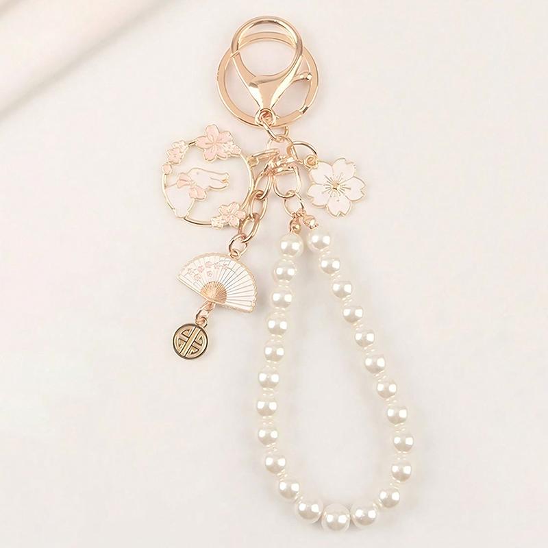 Lovely Cherry Blossoms Fan Keychain Pearl Chain Pendant Women Car Key Ring Headphone Case Charms Bag Decor Accessories