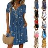 Women's Fashion Retro Print Round Neck Short Sleeve Buttoned Casual Dress