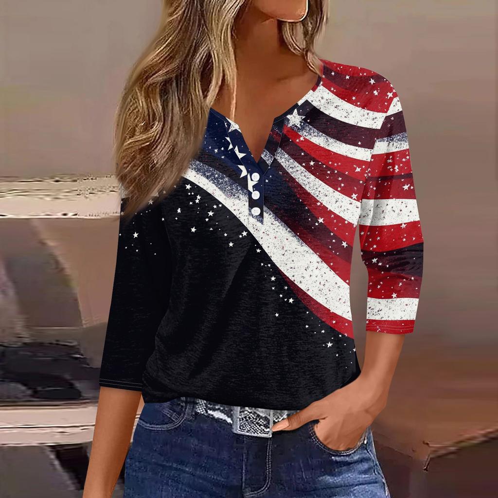 Damen T-Shirt mit Aufdruck, Knopfleiste, 3/4-Ärmel, modisch für den Alltag und das Wochenende, Basic, V-Ausschnitt, normales Oberteil