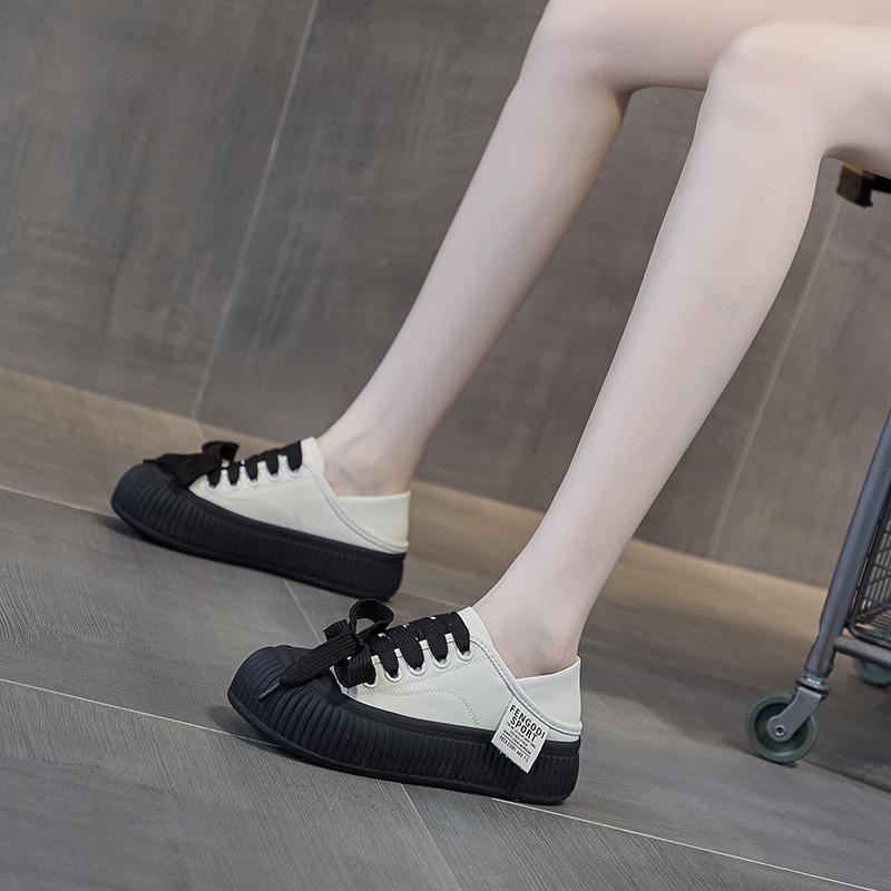 Color Matching Little White Shoes Women's Spring New Leather Platform Biscuit Shoes Two Wear Ugly Cute Shoes Casual Board Shoes