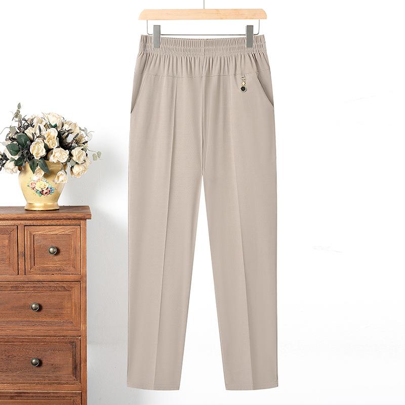 Middle Aged and Elderly Women's Summer Thin Pants Mom's Pants Plus Size Straight Leg Pants Grandma's Ice Silk Cropped Pants