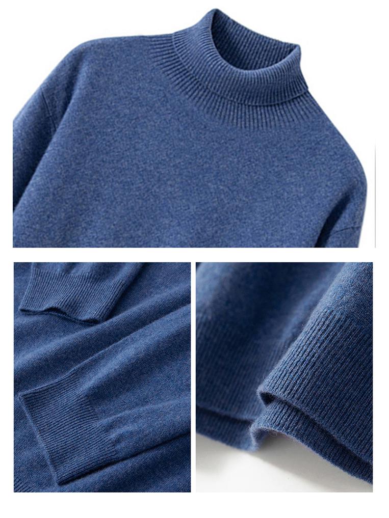 Men's Plus Size High Neck 100% Pure Wool Sweater - Loose Fit, Solid Color Pullover Knitwear