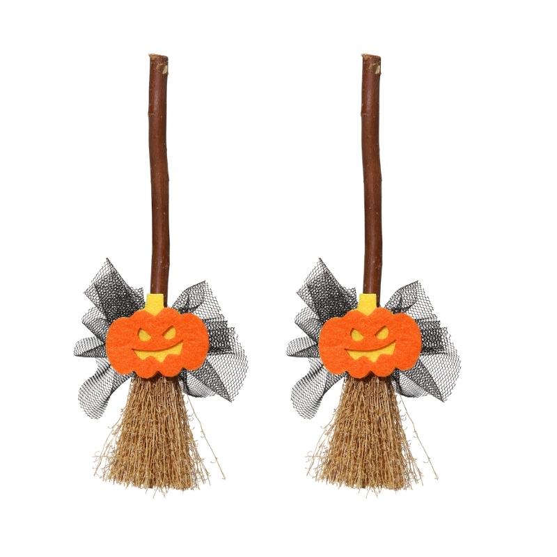 Small Witch Broom with Ghosty/Pumpkin/Bat Halloween Witches Broomstick Hanging Ornaments Halloween Decorations Gift