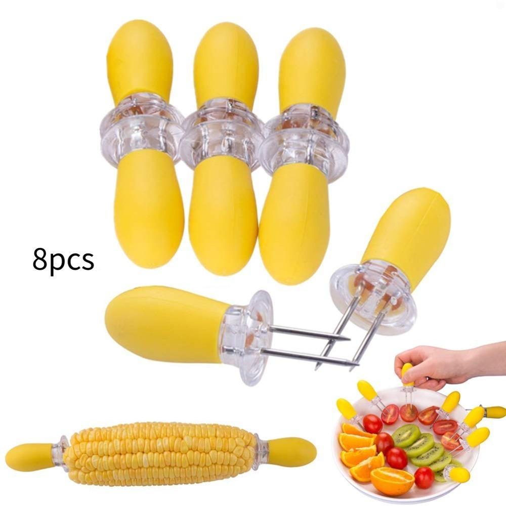 8 Pcs Easy Clean Rustless Steel Corn Fork Anti Scald Sturdy Fruit Fork Smooth Resin Food Fork Home Tableware