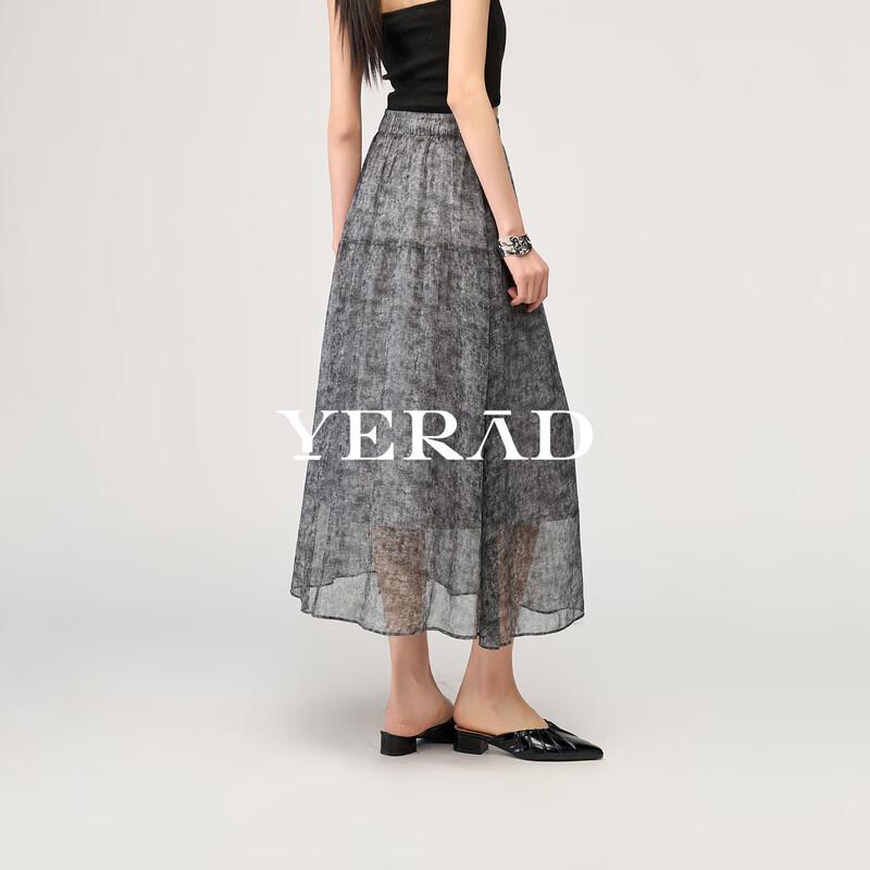 YERAD Elegant Retro Ombre Grey A-Line Midi Skirt L