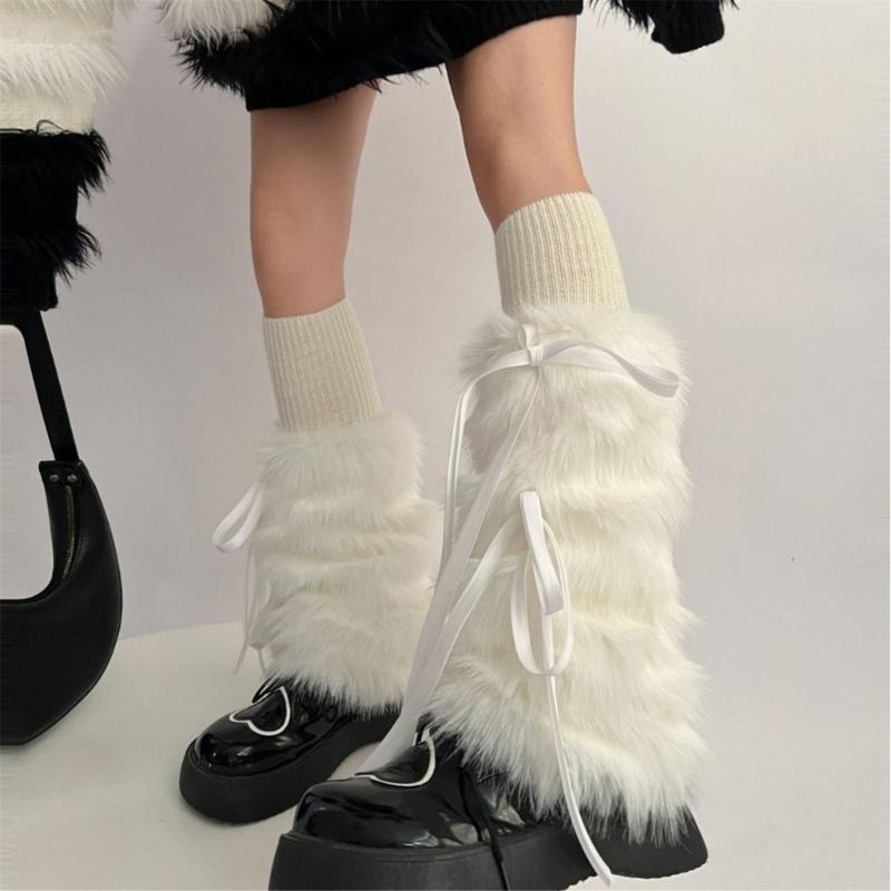 Women Gothic Punk Harajuku Plush Leg Warmers Japanese JK Sweet Ribbon Bowknot Warm Furry Boots Cover Leg Sleeve Socks