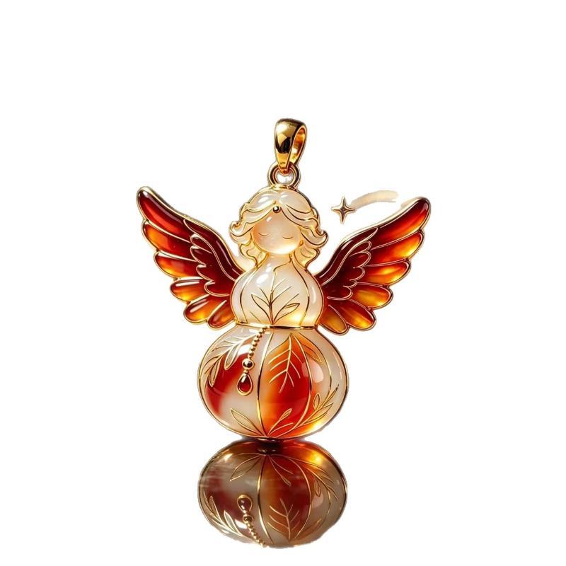 Ethnic Imitation Jade Gourd Pendant with Angel Wings Charm Blessing Jewelry for Christmas Gift for Family