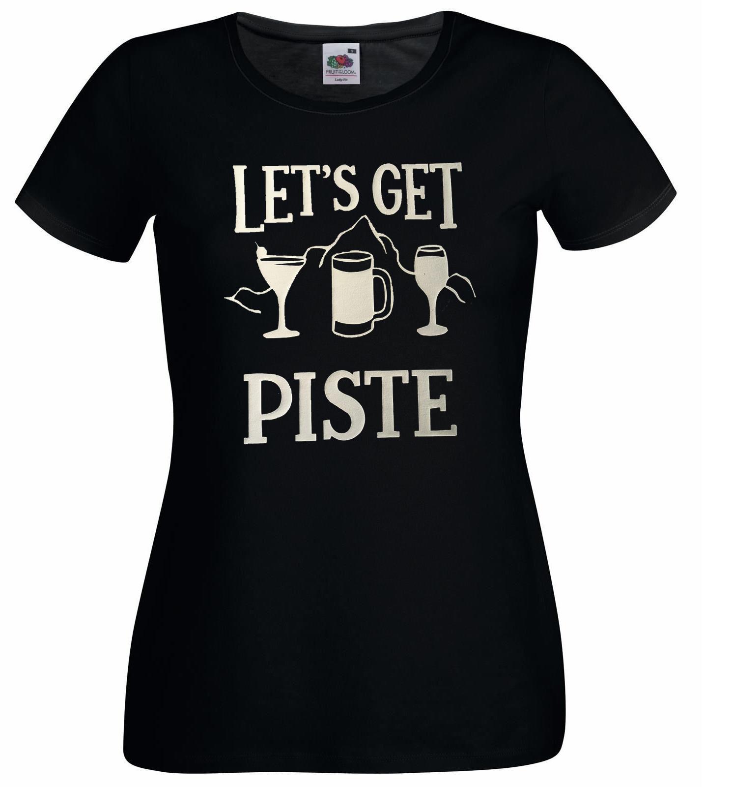 Unisexs Lets Get Piste Drinking Booze Skiing Snow Holiday Lady Fit Black TShirt 2XL