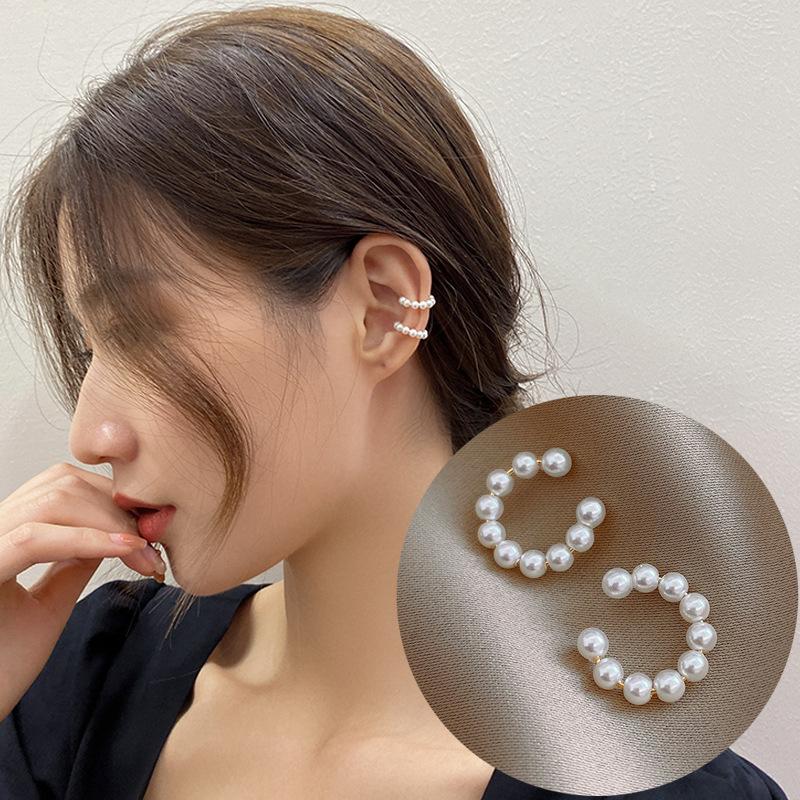 2026 New Korea Trendy Charm Pearl Beaded Ear Cuff Clip Earring for Women Fake Piercing Bone C-shaped Jewelry Accessory Wholesale