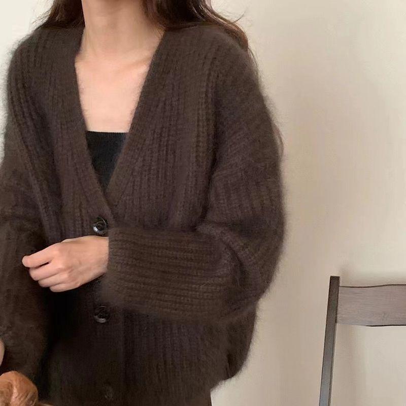 Korean-Style Faux Mink White V-Neck Fluffy Knitted Cardigan Shawl Sweater