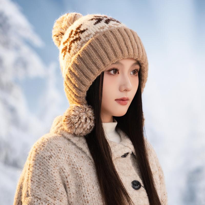 

Модная и универсальная осенне-зимняя шапка в корейском стиле для женщин с бархатным кроличьим мехом для защиты ушей, теплая вязаная шапка, шерстяная шапка для большой головы One Size