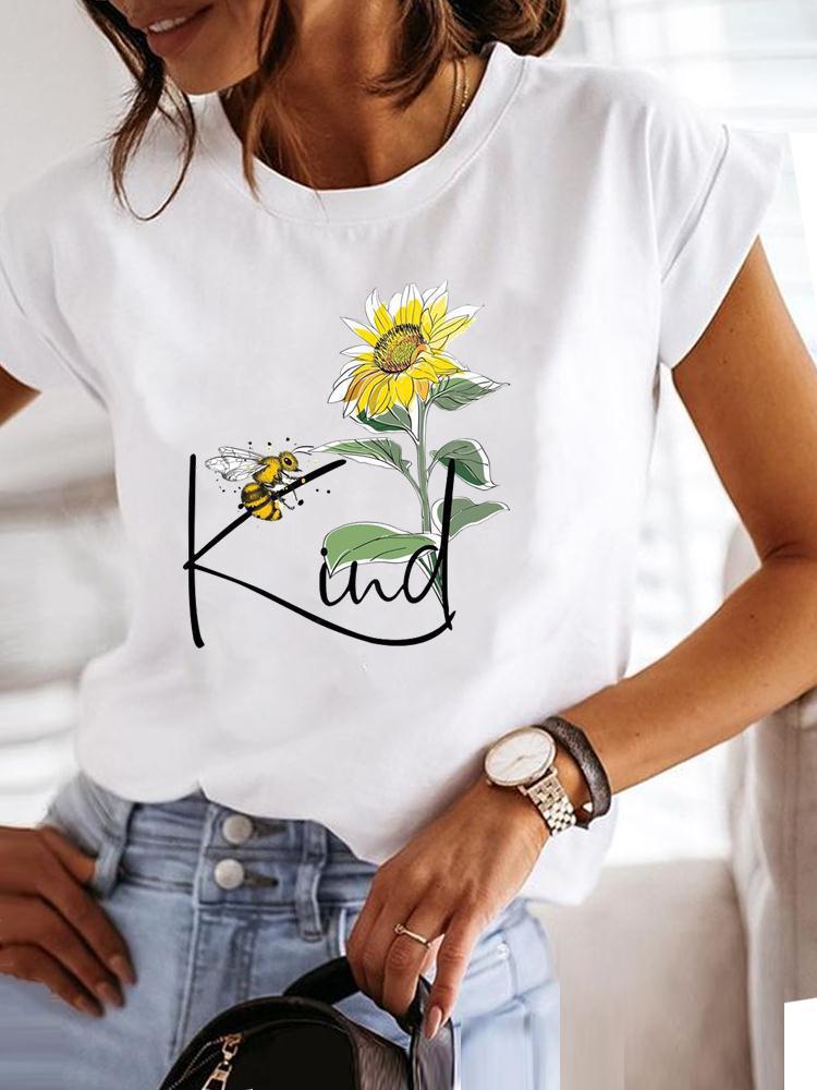 Women's Short-sleeved T-shirt, Fashionable Flower Print Bottoming Shirt