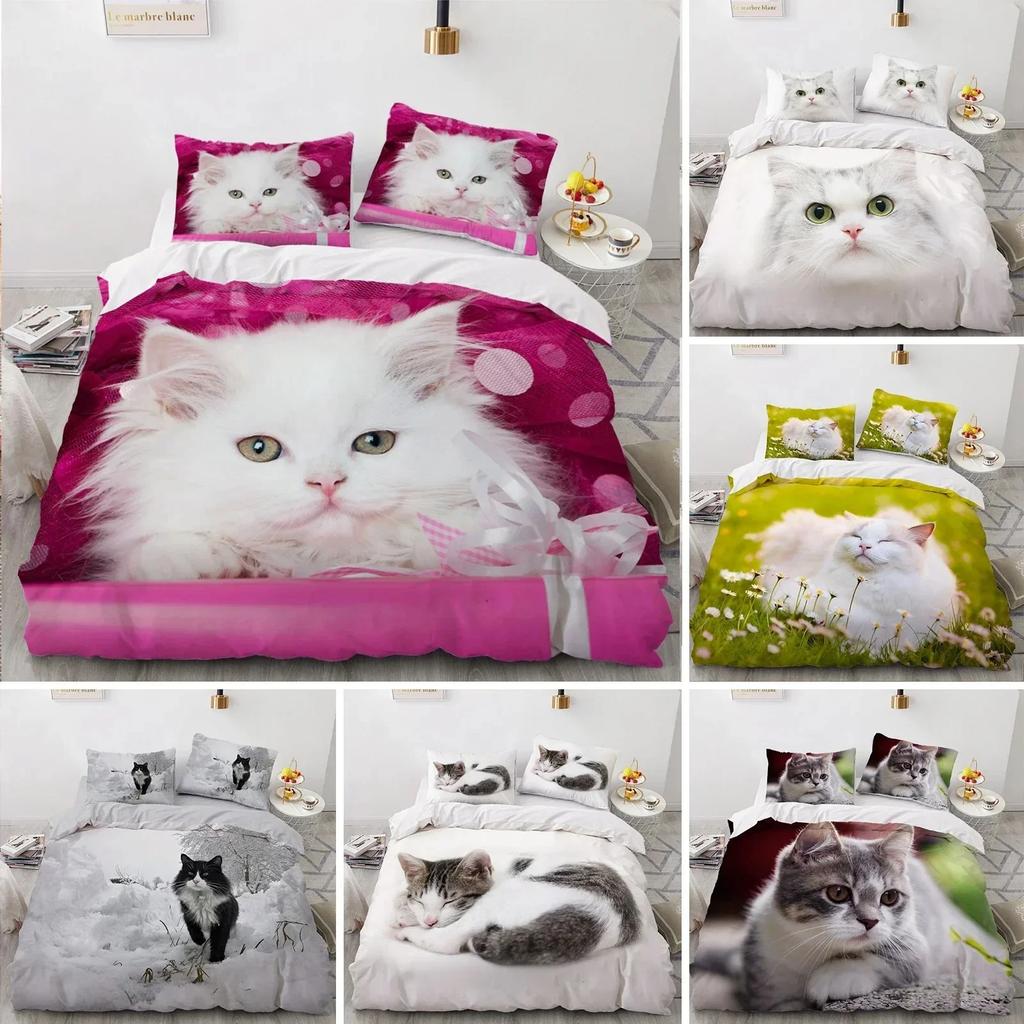 3D Bedding Sets Red Duvet Quilt Cover Set Comforter Bed Linen Pillowcase King Queen Size Pet Cat Design For Kids Girls