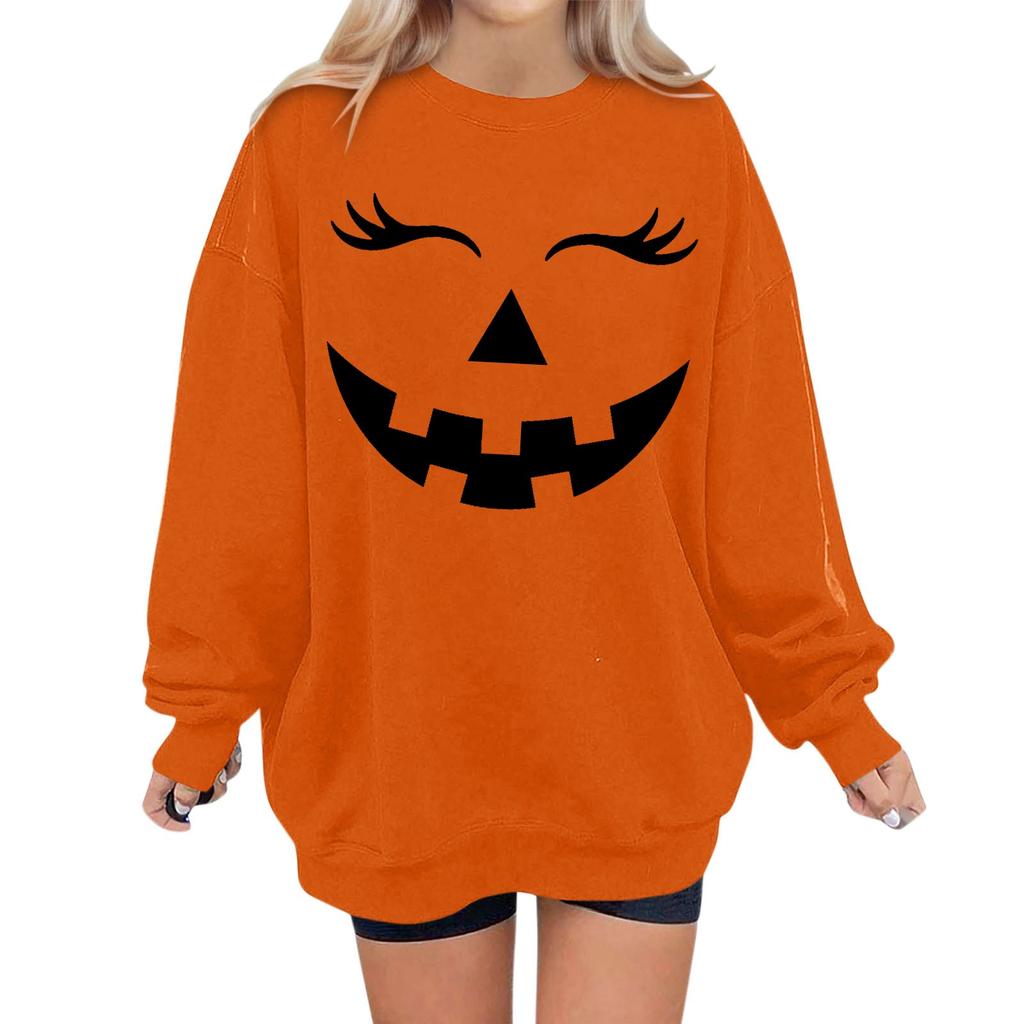 Women's Halloween Pumpkin Face Sweatshirt - Long Sleeve Casual Pullover for Fall