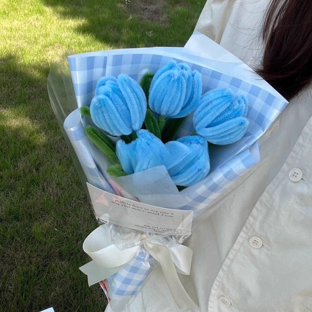 Bouquet di Tulipani Artificiali Finiti a Mano Fiori Artificiali in Filo di Ferro Colorato Fiore Intrecciato su Stelo Intrecciato