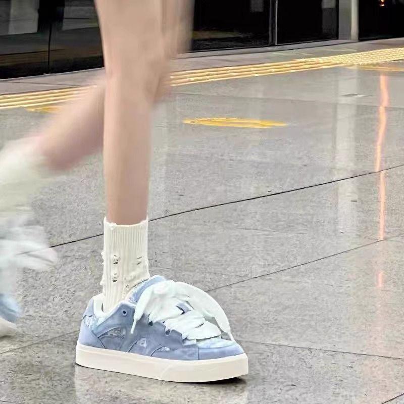 Guochao Mashed Taro Purple Light and Breathable Letter Sole Bread Shoes Women's Board Shoes Thousand Bird Grid Casual Shoes