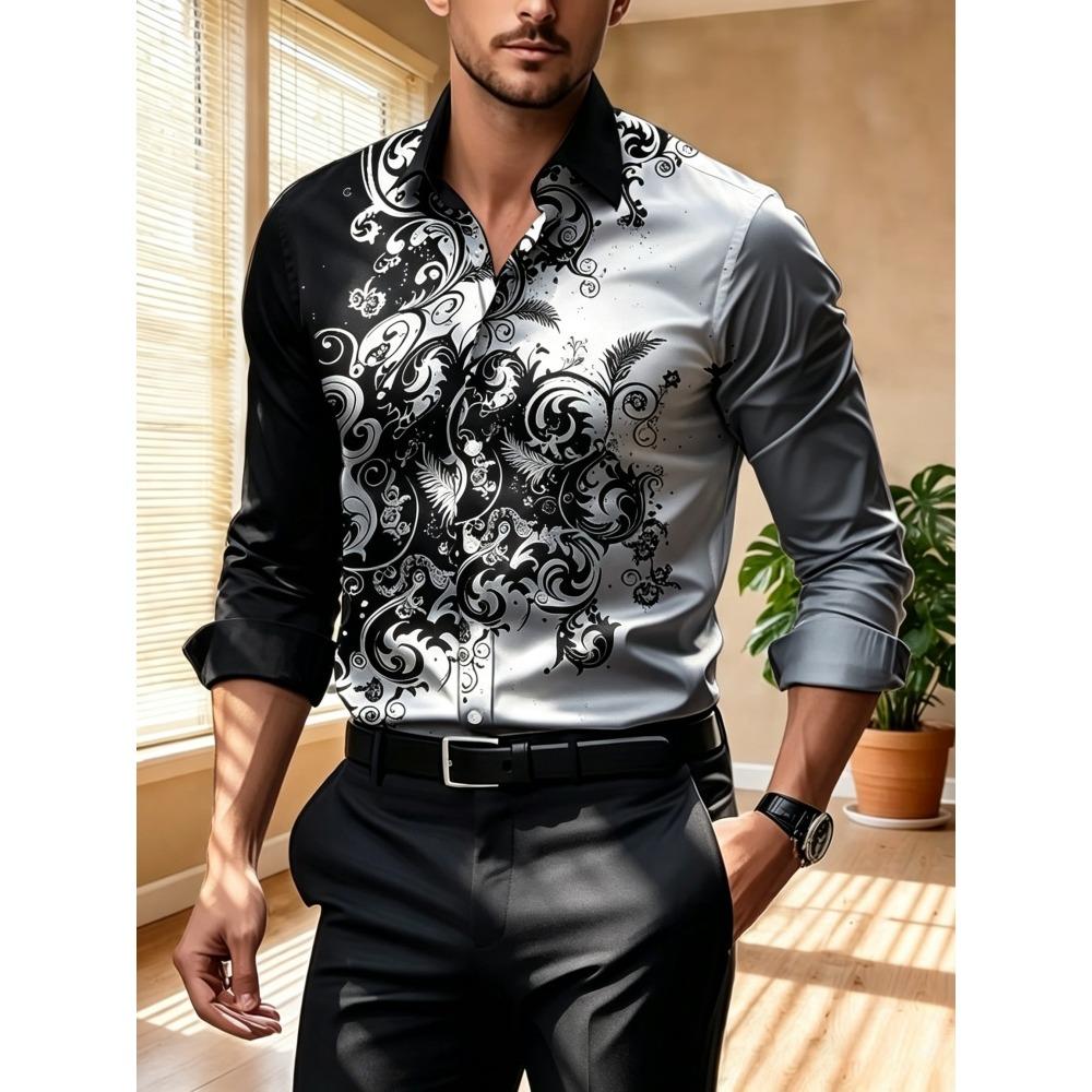 Men's Contrasting Baroque Printed Long Sleeved Shirt, Slim Fit Collar Shirt, European and American Party Trend Men's Top