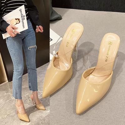Large Size Slippers, New Korean Version of High-heeled Sandals, Thin Heels, One-word Transparent with Bag Head and Half-towed Outer Slippers