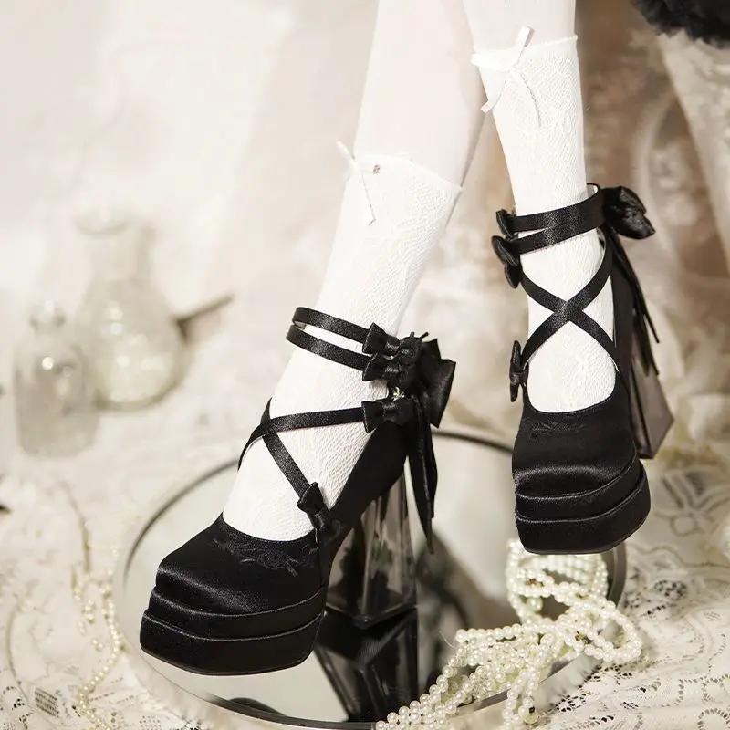 Ele Princ Sle High Heels with Bow Tie Glass Flower House Design Lolita Mary Janes Cosplay oes for Women