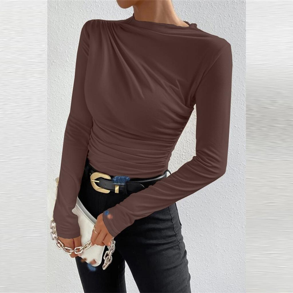 Women's Fashion Slim Versatile Pleated Solid Color Long Sleeve  Bottom  Down Shirt Sweatshirt Top