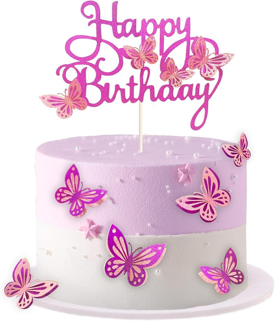 13 Stück Heißrosa 3D Schmetterling Kuchenaufsätze Cupcake Topper für Mädchen Frauen Happy Birthday Kuchenaufsatz Geburtstagskuchen Dekoration